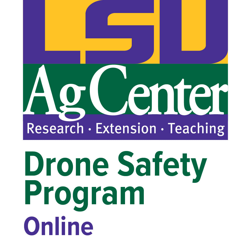 LSU Ag Center Drone Safety Program logo with purple, yellow, and green colors on a white background.
