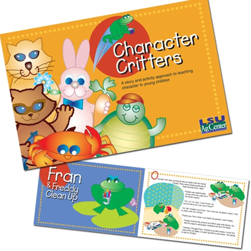 Educational materials for children featuring cartoon animals and text about character education. LSU AgCenter. Research, Extension, Teaching